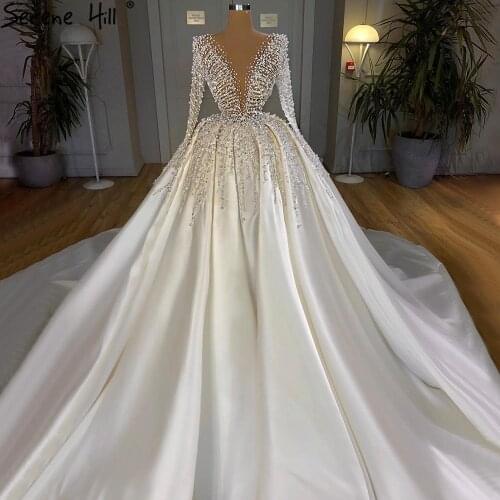 Serene Hill Muslim Ivory Satin Luxury Long Sleeves Wedding Dress 2021 Rhinestones Pearls Sexy Bridal Gown Custom Made CHM67210
