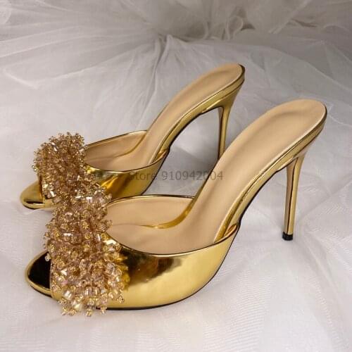 Summer Slippers Women Fish Toe Gold Crystal High Gladiator Heel Sexy Slides Elegant Patent Leather Heel Shoes Woman