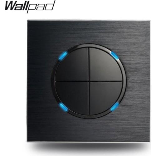 Wallpad L6 4 Gang 1 Way Satin Black Metal Random Click Push Button Wall Light Switch Aluminum Plate With Blue LED Indicator