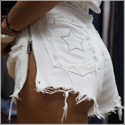 Sexy White Side Zipper Ripped Hole Jean Shorts Women Summer Low Waist Short Mini Torn Denim Shorts New Spodenki Damskie Jeansowe