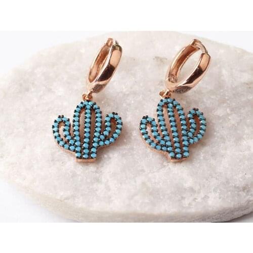 Women Handmade Blue Cactus Zircon Earring, Handmade 925Silver Woman Zircon Earring,Handmade Zircon Women Earring