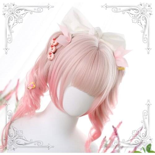 Lolita Female Short Straight Inner Buckle Pink Gradual Change Bangs Wig Curly Double Ponytail Women Wigs Cosplay Party