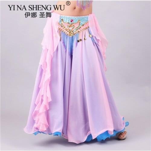 Women Belly Dance Costume Double Colors Long Maxi Side Split Skirt Full Circle Skirt Dance Performance Skirt Adult(Without Belt)
