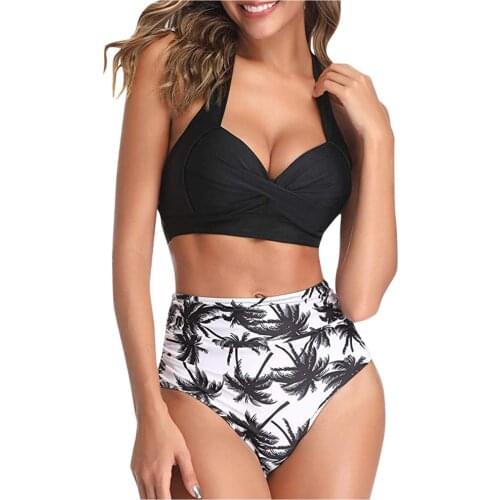 40# Womens Swimsuits Halter Ruched High Waist Print Brazilian Push Up Padded Bra Bikini Set Halter Backless Sleeveless Swimwear