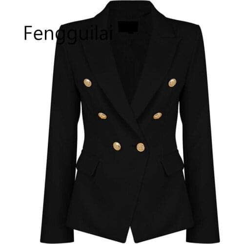 FENGGUILAI Work Office Lady Solid Color Lapel Long Sleeve Double Breasted Pocket Womens Spring Autumn Slim Fit Suit Blazers