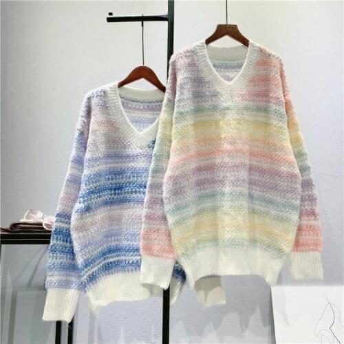 2020 New Women Autumn V-Neck Gradient Color Sweater Long Sleeve Women Loose Style Sweater Winter Women Pullovers Pull Femme