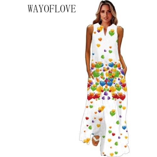 WAYOFLOVE Heart Print White Long Dress 2021 Summer Beach Casual Plus Size Dresses Woman Elegant Sleeveless Girl Maxi Dress Women