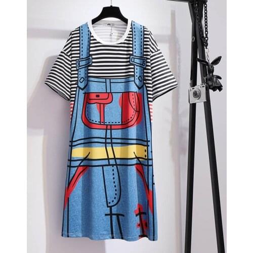 Summer striped print dress women plus size bust 158cm 6XL 7XL 8XL 9XL 10XL short sleeve loose dress women blue colors