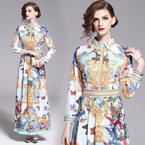 Womens Spring and Autumn New Fashion Slim Waist-High-End Printed Lapel Single-Breasted Long-Sleeve Dress