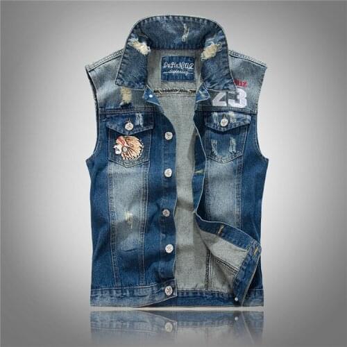 Sleeveless Jeans Vest Men Jackets Embroidery Character Mens Denim Motorcycle Vest Vintage Men Jean Waistcoat Hole 3XL