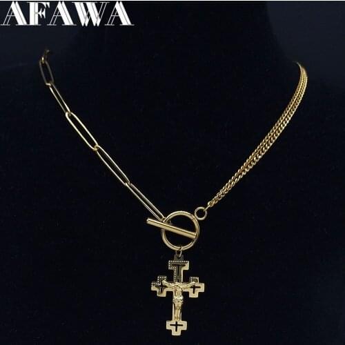 2021 Stainless Steel Catholicism Jesus Cross Pendant Necklace Women Gold Color Choker Necklace Jewelry cruz colgante N6015S02