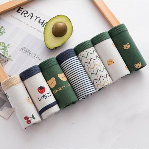 7Pcs/Lot Panties Women Cotton Underwear Briefs Sexy Lingeries Cueca Calcinhas Underpant Girls Cute Green Bear Ladies