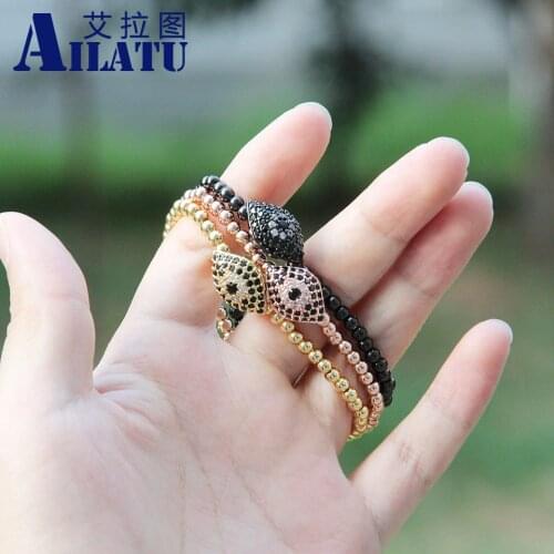 Ailatu High Grade Men Jewelry 4 mm Gold Color Copper Beads Black Cubic Zircon Turkish Lucky Eye Elastic Bracelet