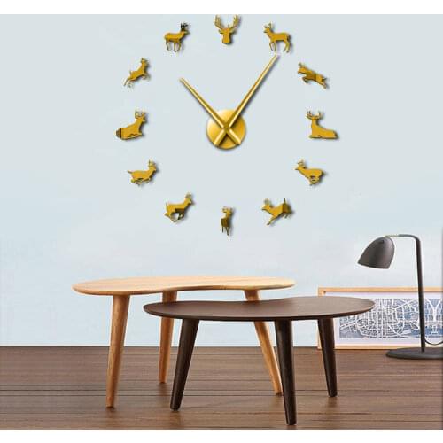 Deer Head DIY Giant Mute Frameless Wall Clock Woodland Deer Hunter Antler Wall Clock Acrylic Mirror Effect Animals Home Decor