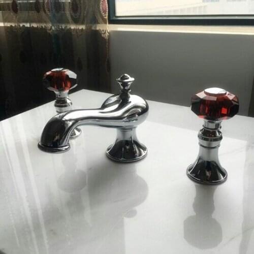 Chrome clour 8 inch widespread bathroom Lavatory Sink faucet wine red Crystal handles tap deck mounted