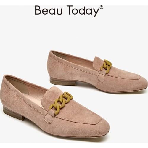 BeauToday Kid Suede Loafers Women Leather Square Toe Metal Chain Flats Elegant Ladies Slip On Shoes Handmade A27401