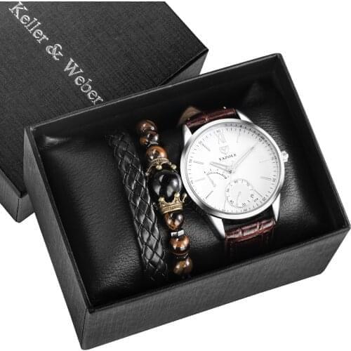 Men Watches Gift Set Succinct Design Brown Strap Quartz Watch Classic Bead Braided Bracelets Top Fashion for Boyfriend Husband