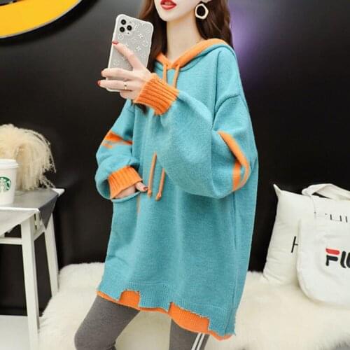 New Autumn Winter 2021 Korean Style Loose Hooded Lazy Pullover Sweaters Womens Knitted Fashion Splicing Pocket Top Jersey Mujer
