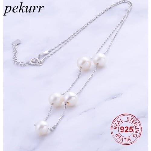 Pekurr 925 Sterling Silver 5 Pieces 7mm Round Natural Freshwater Pearl Necklace For Women Fine Jewelry Silver Pendant Gift