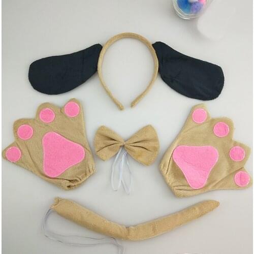 Yellow Dog Ears Headband Bow Tie Tail Paws Cosplay Costume Set Birthday Party Props Halloween Costume for Kids Adult