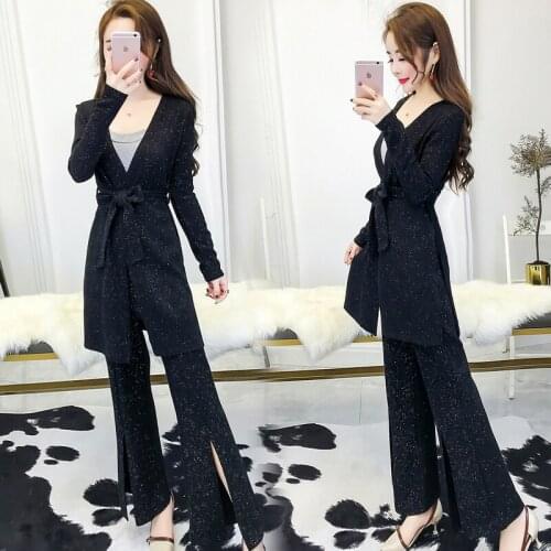 Casual 2020 spring and autumn new knitted astigmatism cardigan coat + wide leg pants two sets of fashion womens clothing Set