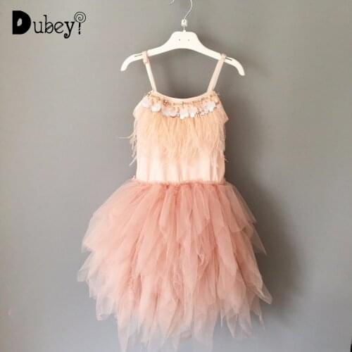 Luxury Baby Girls Feather Tutu Dress Flower Girl Dresses for Weddings Beading Sequins Suspender Dress Kids Tulle Party Dress