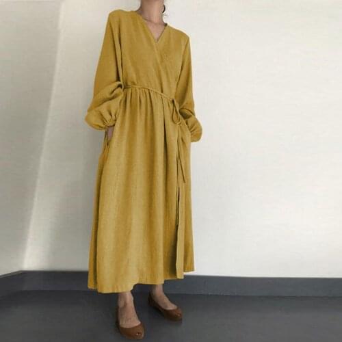 Versear2020 Autumn Solid Sundress Casual V Neck Cotton Linen Dress Women Long Sleeve Maxi Long Vestido Female Kaftan Robe Belted