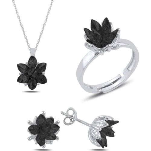 Silver 925 Sterling Lotus Flower Black Zircon Stone Set