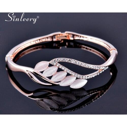 SINLEERY Charm Opal Stone Leaf Bracelets Rose Yellow Gold Silver Color Inlay Tiny Crystal Bangle For Women Jewelry SL203 SSI