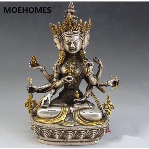 Tibet buddhism fane silver 3 face 8 arm Kwan-Yin Bodhisattva buddha statue home decoration metal handicraft