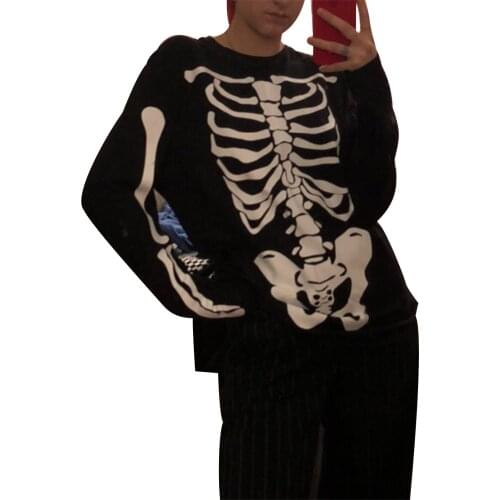 Women’s Loose Sweatshirts Thin Fashion Skeleton Print Long Sleeve Round Neck Sweatshirts High Street Hip Hop Hoodies Wholesale