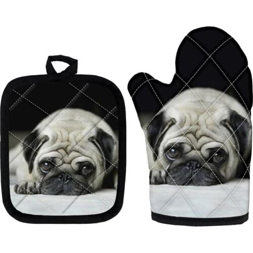 3D Lovely Pug Print Kitchen Oven Mitts 2Pcs/Set Non-Slip Glove Insulation Mat Animal Dog Heat Resistant Cooking Gloves and Pad