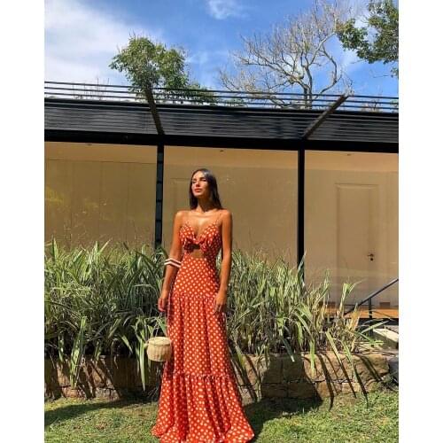 VAZN 2021 Top Quality Hollow out Spaghetti Strap Backless Chiffon Dot Sweet Holiday Free Long Dress Women A-Line Maxi Dress