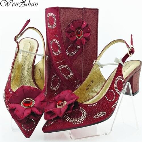 WENZHAN Italian Woman Wine Heels Sandals And Matching Bag Set For Party Hot Sale African Woman Shoes And Bag Set 38-43 B911-8