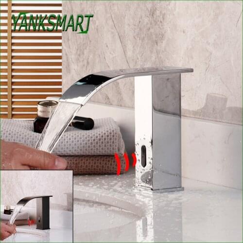 YANKSMART Bathroom Chrome & Black Touch Free Sensor Faucet Deck Mounted Basin Sink Waterfall Automatic Infrared Tap Mixer Tap