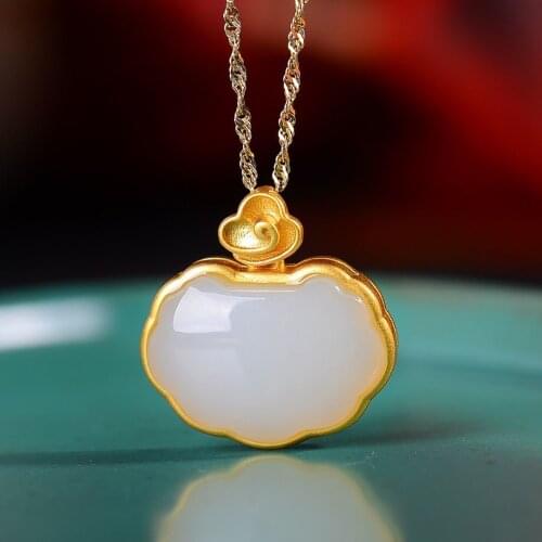 Hetian Jade White Jade Safety Lock Lock of Good Wishes Pendant S925 Sterling Silver Gold Plated Craft Auspicious Lock of Good