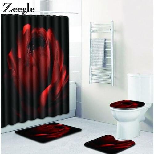 Zeegle Bath Mat Set Anti Slip Toilet Pedestal Rug Foot Mat Waterproof Curtain Absorbent Toilet Seat Cover Mat 4pcs Toilet Set