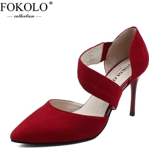 FOKOLO Sandals Women Pointed Toe Kid Suede Thin Heel High Heels 2020 New Summer Genuine Leather Handmade Red Sexy Lady Shoes L21