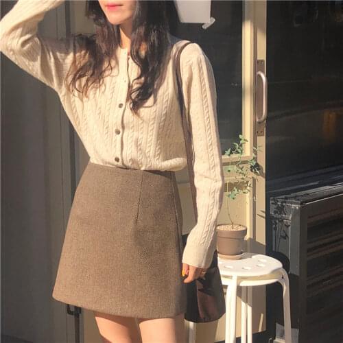 Women Autumn Winter Fashion Two Piece Dress Sets Twist Knit Sweater Cardigan&Wool A Line Skirt Sets 2PC Warm Mini Skirt Suits