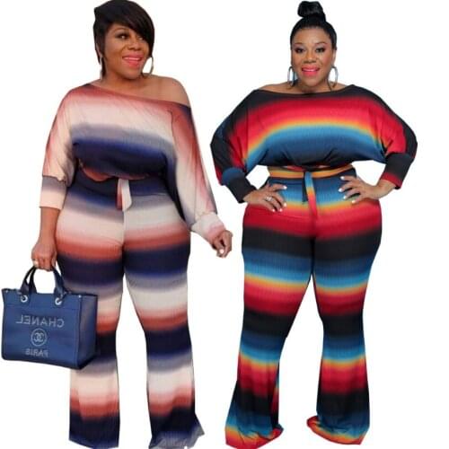 Gradient Color Printing Women Ottoman Two Piece Sets Autumn Slash neck Tops Lace-up Wide-leg Pants Stretch Plus Size Outfits