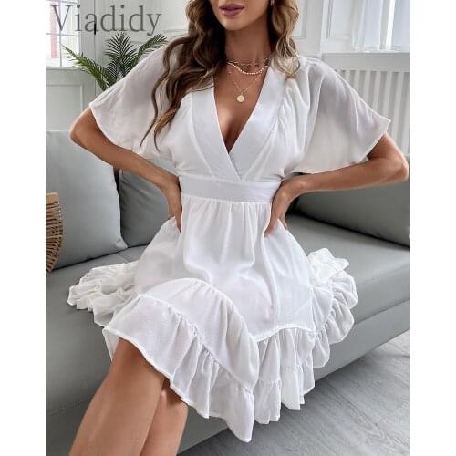 Women Deep V Neck Open Back Fit and Flare Ruffle White Dress