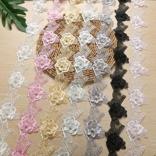 20Yards Exquisite Flower Pearls Embroidered Lace Trim Ribbon Pink Grey White Red Applique Patches Dress Fabric Sewing Craft