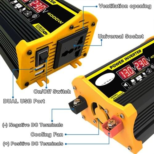4000W 12V to 220V/110V LED Display Car Power Inverter Converter Adapter Dual USB Voltage Transformer Modified Sine Wave