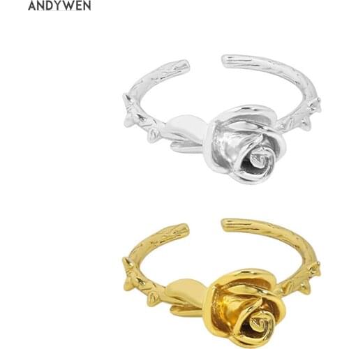 ANDYWEN 925 Sterling Silver Gold Plain Flower Resizable Rings Irregular Geometric Resizable Adjustable Party Jewels