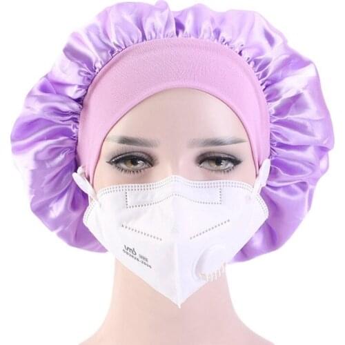 Satin Bonnet Hair Caps Wide Elastic Band Night Sleep Cap Button Wear Ear Protection Headwear Hat Women Hair Accessories