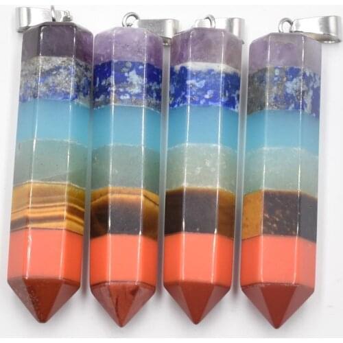 Rainbow 7 Chakra Layered Purple Crystal Lapis Aventurine Tiger eye stone 12x50mm pendants for jewelry making 4pcs/lot wholesale