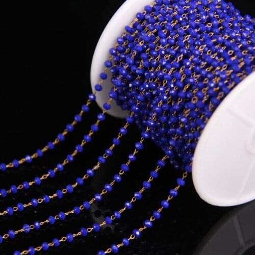 Brillant Blue Glass Rosary Chain,Crystal 2x3mm Faceted Rondelle Beads Link Brass Wire Wrapped Chain,DIY Necklace Jewelry Crafts