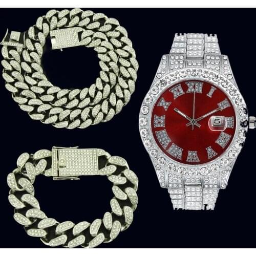 Iced Out Hip Hop 20MM 3Pcs Set Watch Necklace Bracelet Bling Crystal AAA+ Cuban Chain Rhinestones Chains For Women Men Jewelry