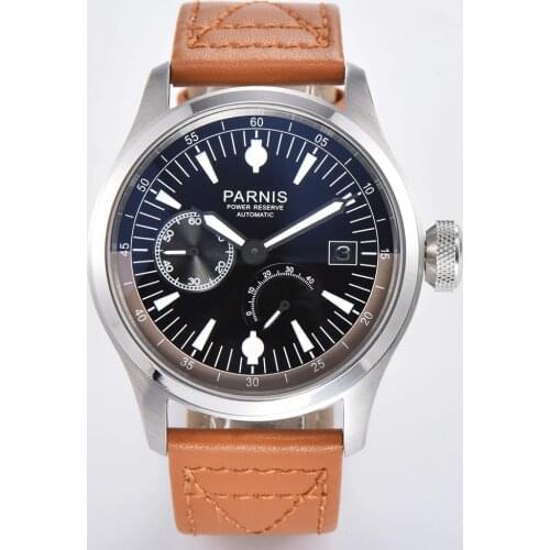 Parnis 46mm Mens Watches Silver Case Luxury Brand Automatic Power Reserve Calendar Mechanical Wristwatch Men Gift Clock