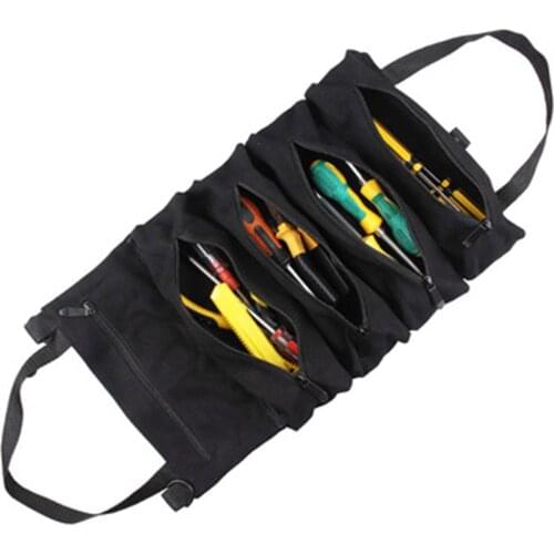 Canvas Roll-up Tool Bag, Multi-Purpose Tool Roll Pouch Tool Organizer with 5 Zipper Pockets Carrier Bag